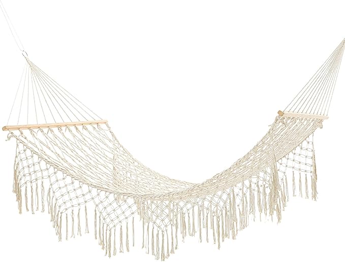Hand Woven Cotton Rope Hammock with Spreader Bar & Fringes, 10 ft Double Hammock for Patio Garden Yard Porch Camping Beach Indoor Outdoor Hanging Include Rope Straps, 2 Person, 450lb Capacity