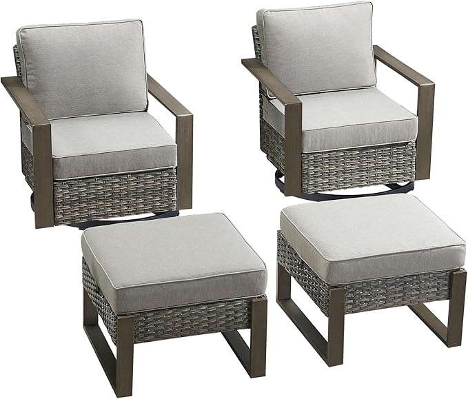 Rilyson Outdoor Wicker Patio Furniture Set - 4 Piece Patio Conversation Set with 2 Wicker Swivel Rocker Chairs,2 Rattan Ottoman, Thick Cushions, Deep Seating, Wide Armrest(Mixed Grey/Grey)