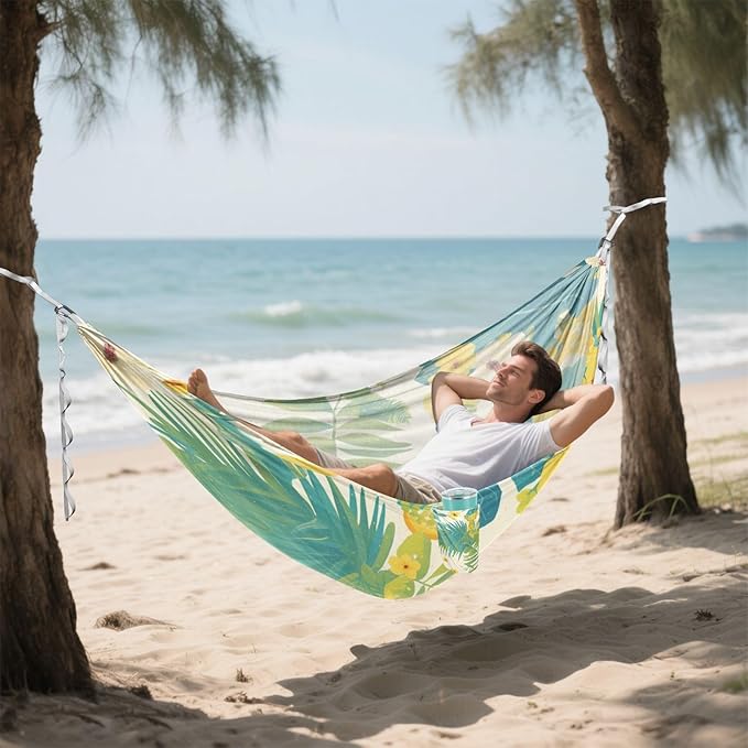 Tropical Style Yellow Flowers Green Leaves Outdoor Hammock with Tree Straps Hanging Hammock for Indoor Outdoor Patio