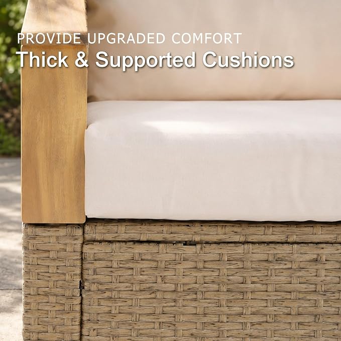 SUNSITT 4-Piece Wicker Patio Set with Swivel Chairs, Acacia Wood Accents | 3-seat rattan sofa,2 swivel chairs with acacia wood armrests, 2-layer wood top coffee table, thick cushions for backyard