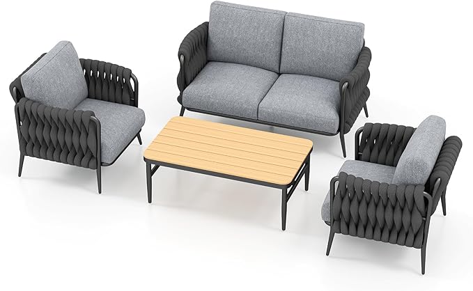 Patio Furniture Set, 4-Seat Outdoor Sofa Furniture Deep Seating with Coffee Table, Metal Patio Conversation Sets with Waterproof & Extra-Thick Cushions for Garden, Poolside, Backyard
