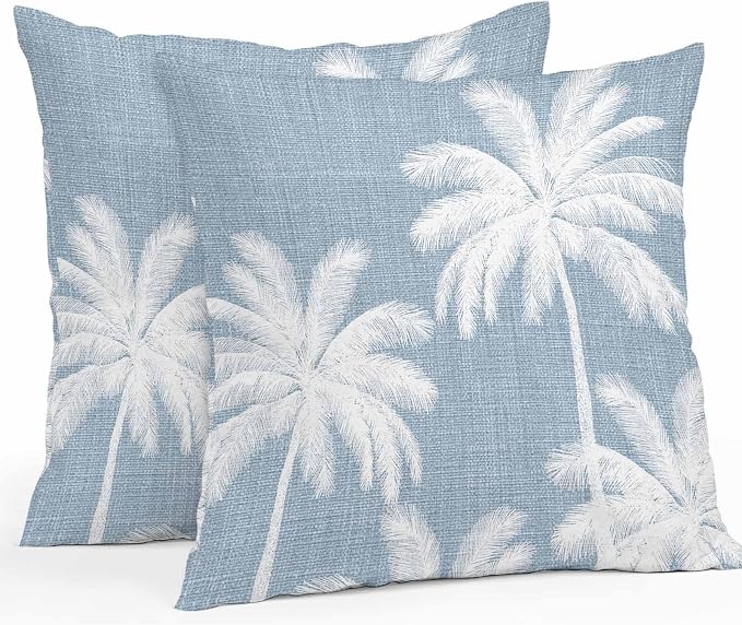 Outdoor Pillow Covers 24x24 Inch Set of 2, Light Blue Palm Trees Waterproof Throw Pillow Covers, Farmhouse Tropical Summer Beach Decorative Cushion Pillowcases for Couch, Sofa, Bed, Garden, Patio