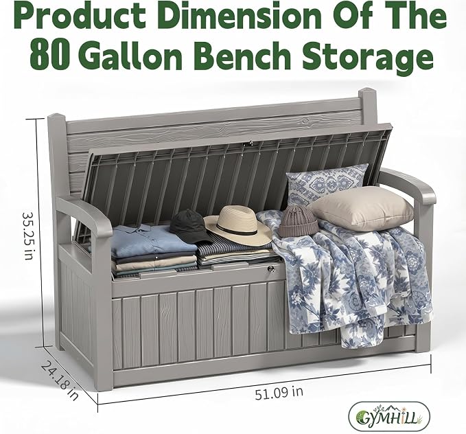 80 Gallon Outdoor Storage Bench Spacious Storage Box Waterproof Resin Deck Box Lockable for Patio, Garden, Livig Room & Outdoor Spaces（Grey）