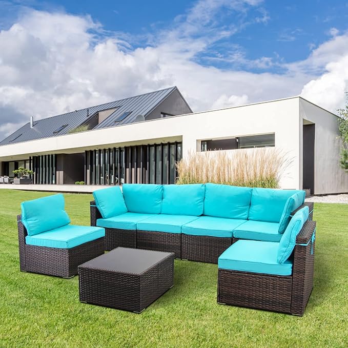7 Pieces Outdoor Patio Furniture Sets,Rattan Conversation Sectional Set,Manual Weaving Wicker Patio Sofa with Tea Table