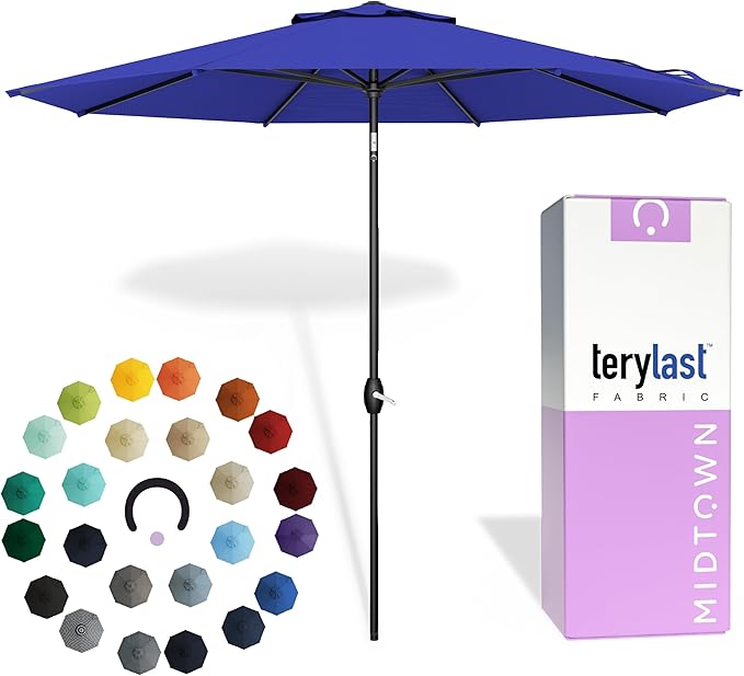 Midtown Umbrellas - 10-Year-No-Fade 10 Ft Patio Umbrella with Terylast Fabric, Auto-Tilt Aluminum Frame and 8 Reinforced Ribs for Deck, Pool, Garden & Beach - Royal Blue Canopy, Black Pole