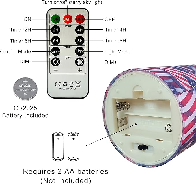 Printed Flameless Candles with String Lights - Set of 3 USA Flag Battery Operated Candle Flickering Floral LED Pillar Candles with Timer Remote for Home Decor Romantic Ambiance,Flag