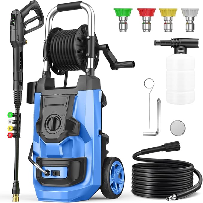 Electirc Pressure Washer 5000 PSI with 3 Levels Adjustable Pressure Gun, Portable Pull-Handle, 4 Nozzles and Foam Cannon, Heavy Duty Pressure Cleaner for Home/Car/Fence/Garden, Blue