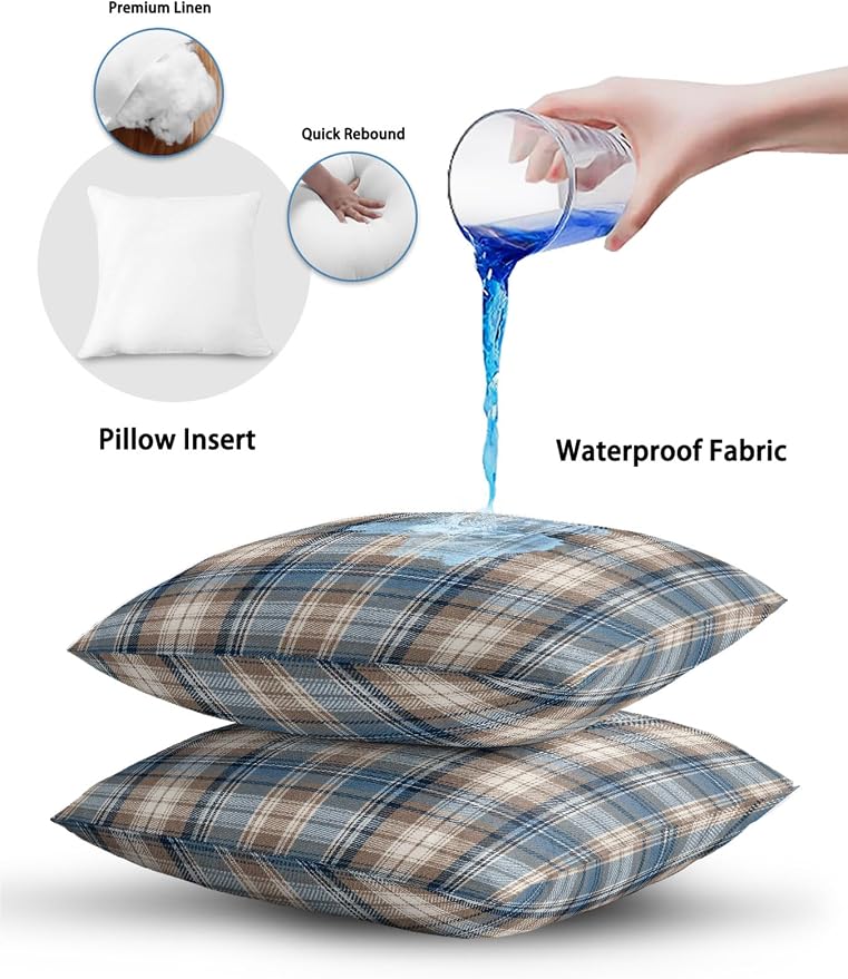 Waterproof Outdoor Pillow Set of 2 Beige Checked Plaid Decorative Throw Pillows Cover & Insert 18x18 Inch Pillowcase Stripes Woven Grid Square Pillows for Couch Sofa Bed Patio Furniture Indoor Outdoor