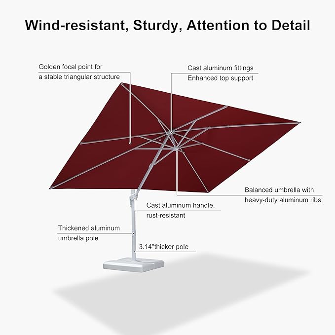 PURPLE LEAF 9' × 11.5' Patio Umbrella With Base White Cantilever Umbrella Square Outdoor Offset Windproof with 360° Rotation for Garden Deck Pool, Ruby Red