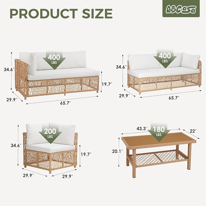 ABCASA Patio Sectional Furniture Set with Waterproof Cover, Oversized Wicker Outdoor Furniture Set w/Water-Resistant Fabric & Thick Cushions, L Shaped Patio Conversation Set for Poolside Yard,Beige