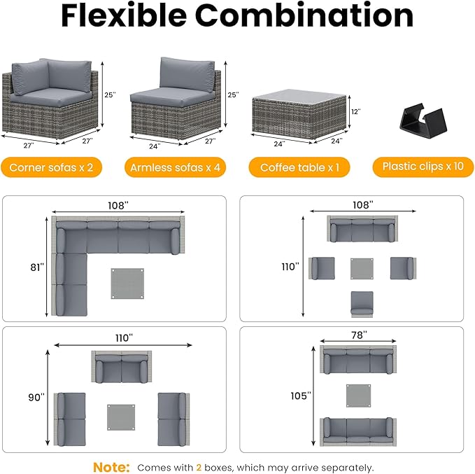 7 Piece Patio Furniture Sets All Weather Gery PE Wicker Couch Sofa with Glass Table, Removable Grey Cushions