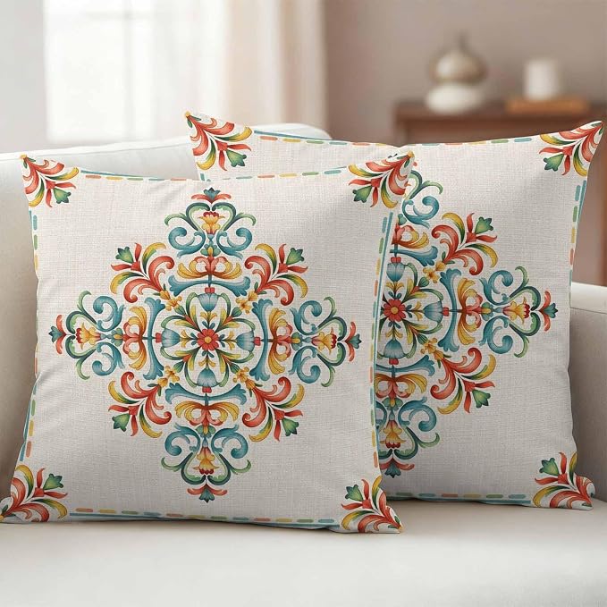 Geometric Flowers Outdoor Pillow Covers 26x26 Inch Throw Pillow Covers Set of 2 Waterproof Decorative Pillow Cases Modern Abstract Colorful Floral on Linen Cushion Covers for Patio Furniture Garden