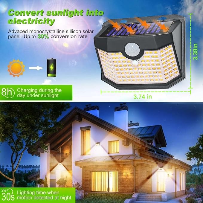 HMCITY 120 LED Solar Lights Outdoor Motion Sensor, 8 Pack, Black Warm | 3 Lighting Modes, IP65 Waterproof, Front Button Control, Wide Solar Wall Lights Ideal for Garden Patio Yard