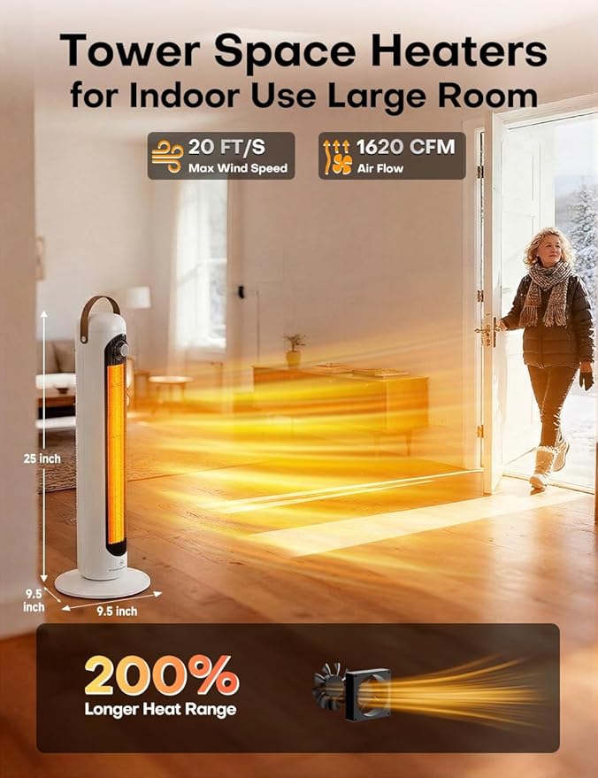 24" Space Heater with 4 Heat Modes, 70° Oscillation, Overheating & Tip-Over Protection Portable Electric Heaters for Indoor Use, 1500W PTC Ceramic Heaters for Large Room/Office/Bedroom