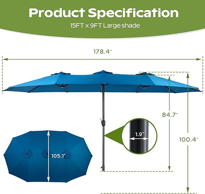 15ft Umbrella Outdoor Patio - Double-Sided Large Market Rectangle Umbrellas with Crank Handle for Patio Garden Yard Pool (No Base)