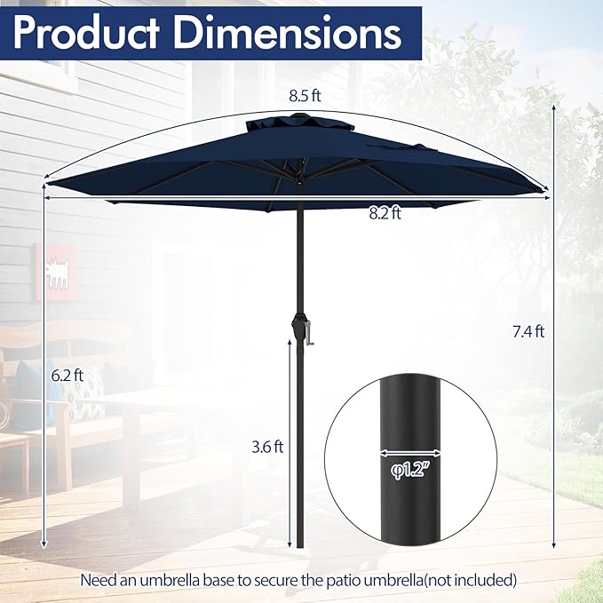Tangkula 8.5 FT Outdoor Patio Umbrella, Modern Table Umbrella with 8 Heavy Duty Ribs, Vented Top & Crank Handle, Sun-proof Canopy, Market Umbrella for Patio, Garden, Poolside (Navy Blue)