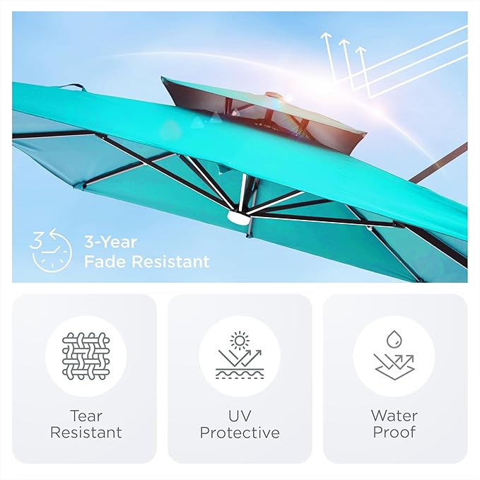 9' X 12' Patio Umbrella with Weighted Base and LED Lights Outdoor Cantilever Large Rectangle Offset Umbrellas Heavy Duty Aluminum Double Top with 360-degree Rotation for Pool Garden Deck, Turquoise
