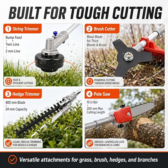 5 in 1 Weed Eater Gas Powered, 52CC 2 Stroke Hegde Trimmer, Weed Wacker,String Trimmer, Heavy Duty Brush Cutter, Pole Saw with Extension Pole, Multi Functional Trimming Tools for Lawn Care