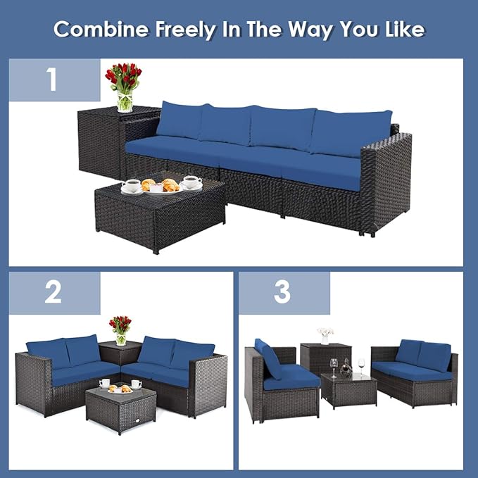 HAPPYGRILL 4PCS Patio Furniture Set Outdoor Rattan Wicker Conversation Sofa Set with Storage Box & Tempered Glass Coffee Table for Backyard Garden Porch