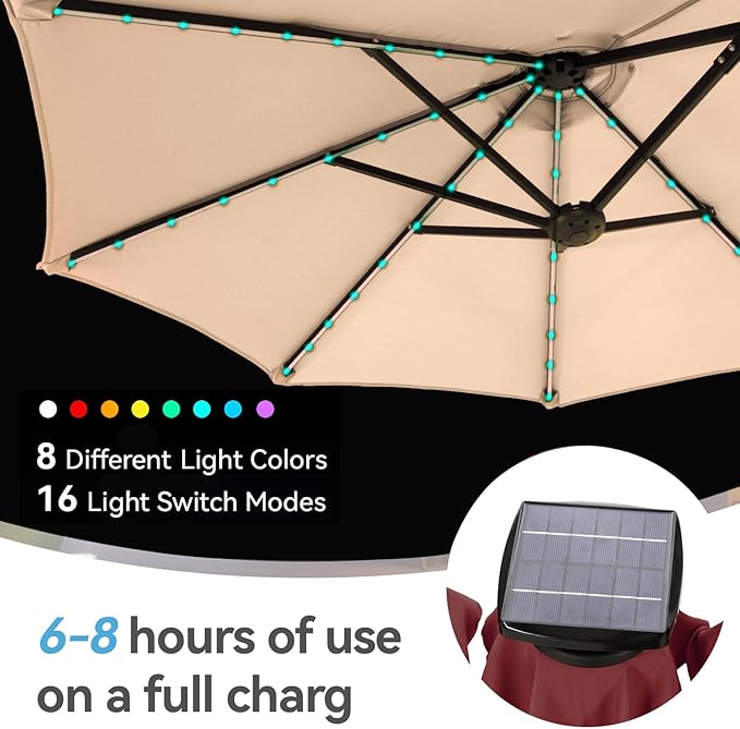 GREEN PARTY 13ft Outdoor Patio Umbrella with Solar Lights, 120 LED 12-Mode Large Double Sided Rectangular Table Umbrella, Heavy Duty Triple-Head Shade for Backyard Deck & Poolside, Beige (No Base)