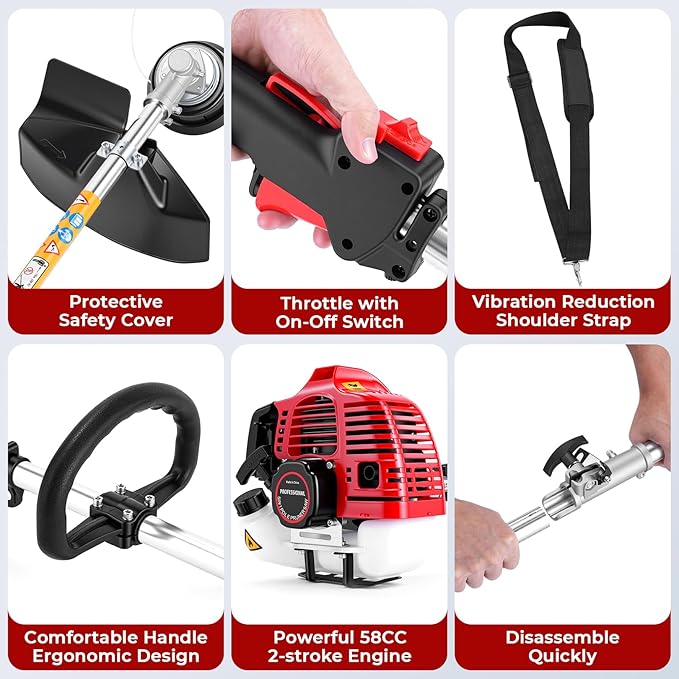 58CC Gas Powered String Trimmer, 2-Cycle Weed Wacker 5-in-1 Multi-Function Tool, Brush Cutter, Hedge Trimmer, Edger, Pole Chainsaw, Gas Powered Weed Eater for Lawn Care