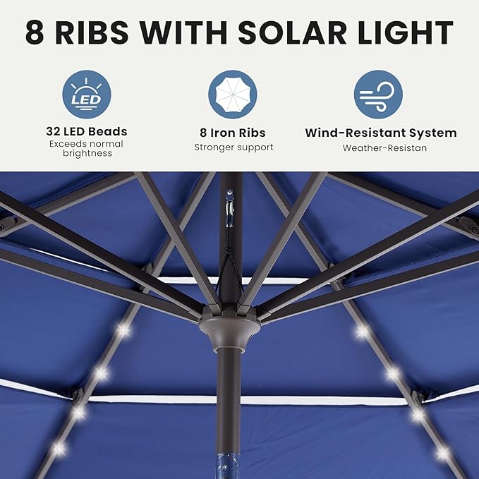 DUMOS LED Outdoor Patio Umbrella 10 FT UV-Resistant Market Umbrella with Tilt Adjustment & Crank Lift, All-Weather Shade for Backyard, Deck, Garden, Beach