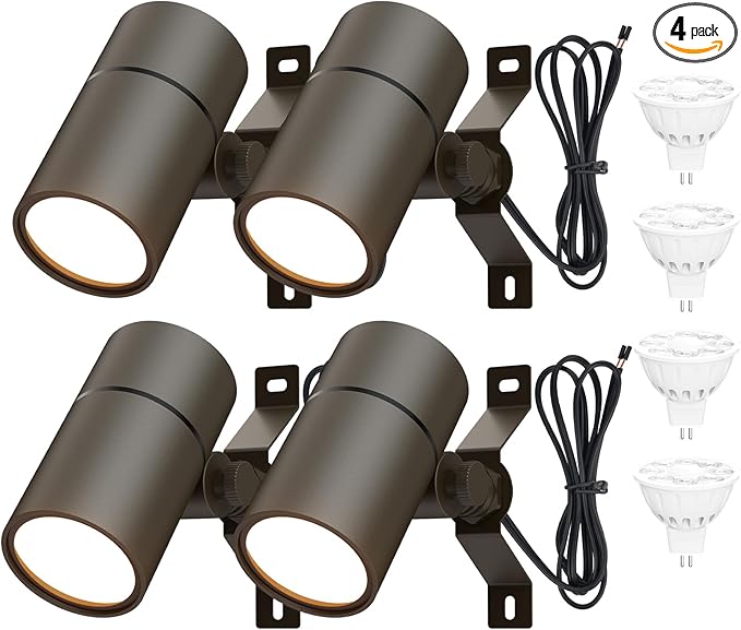 Landscape Down Lighting Low Voltage Spot Lights Outdoor LED Wall Mounted Low Voltage Tree Lights Cast Aluminum Free 5W MR16 LED Bulb Stainless Steel Mounting Bracket 4-Count