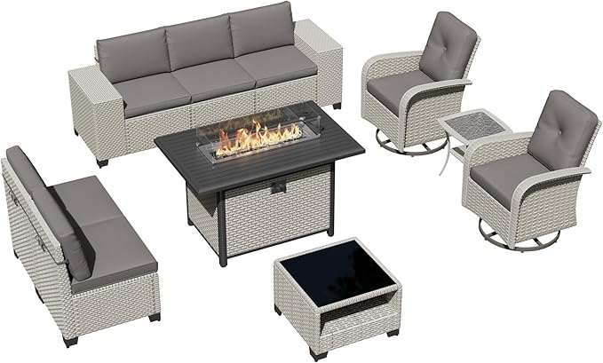 10-Piece Outdoor Patio Furniture Set, Modular Sectional Sofa Set with Swivel Rocker Chairs & Fire Pit, Wicker Outdoor Couch Conversation Sets w/Coffee Table and Cushions, Gray
