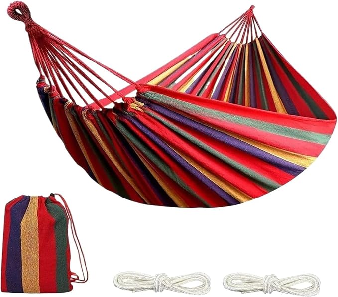 Double Hammock 2 Person Canvas, with Tree Straps for Patio Garden Backyard Outdoor and Indoor (Red, Blue)