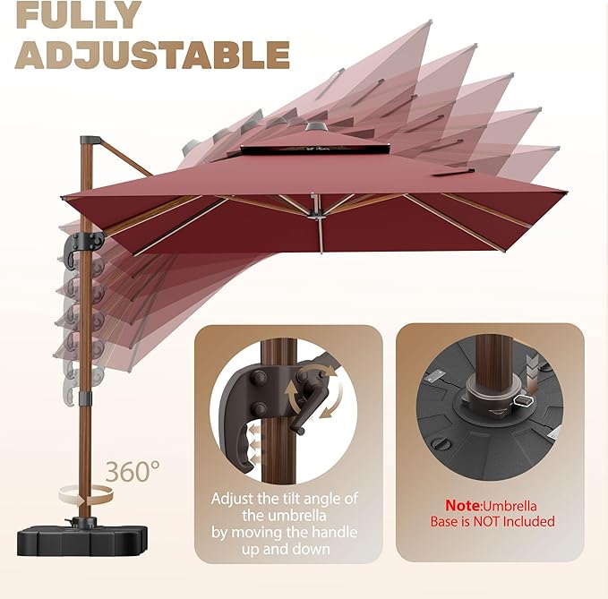 10x13FT Cantilever Outdoor Patio Umbrellas, Double Top Wood Pattern Rectangle Umbrella, Heavy Duty 360°Rotation Offset Umbrella for Garden Deck Pool Patio, Red
