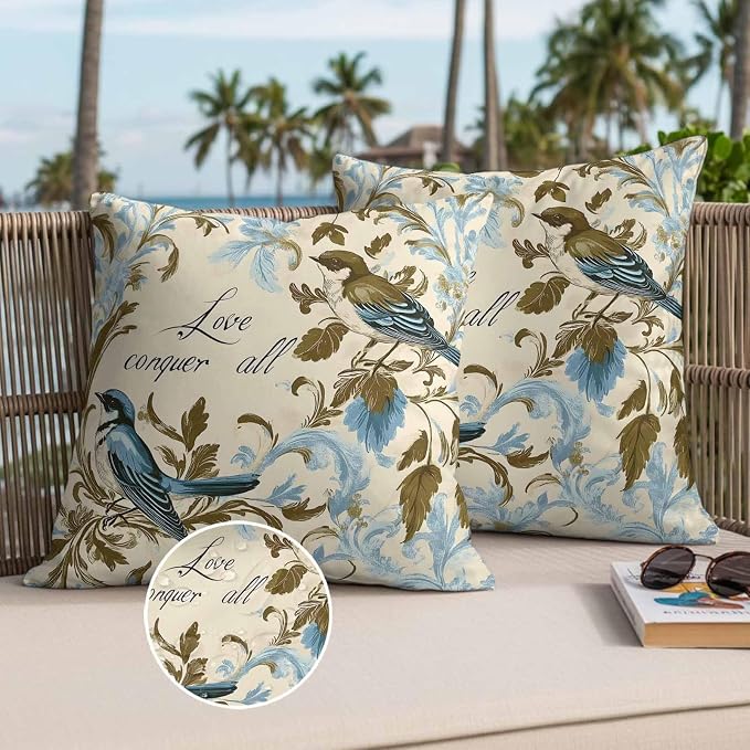 Vintage Bird Flower Outdoor Waterproof Throw Pillow Covers Set of 2, 18"x18", Watercolor Green Blue Floral Decorative Pillow Covers Outside Cushion Case for Patio Porch Garden