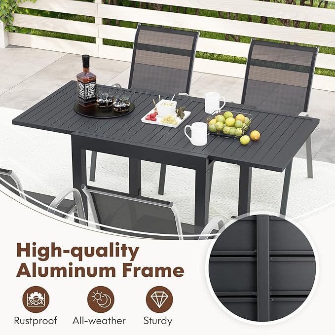 Tangkula 5 Piece Patio Dining Set for 4, Patio Furniture Set with Extendable Aluminum Table & 4 Metal Stackable Chairs, Outdoor Table and Chairs Set for Backyard Garden Deck