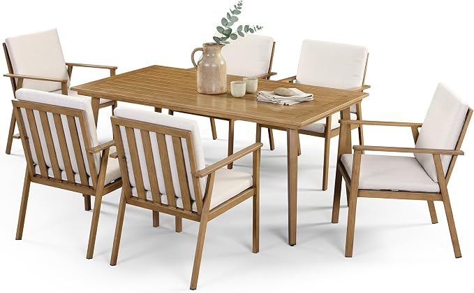 7 Pieces Patio Dining Set for 6, Never-Rust Aluminum Outdoor Table and Chairs Set with Cushions, Modern Patio Furniture with Umbrella Hole, 6 Pario Chairs & Table for Backyard Deck Pool, Teak
