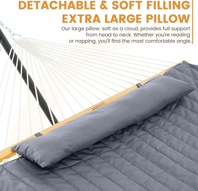 Lazy Daze Hammocks Rope Hammock with Pad, Spreader Bar, Carabiners, Tree Straps, Chains for Outside Patio- Max 450 Lbs, Grey