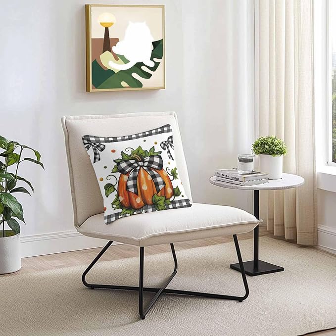 Orange Pumpkins Outdoor Waterproof Pillow Covers, Polka Dot Bow Fall Maple Leaves Plaid Decorative Square Throw Pillowcase Sofa Cushion Sham for Patio/Couch/Chair, 18"x18" 2 Pack