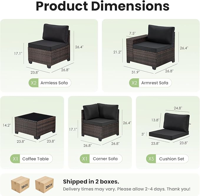 Soohow 6-Piece Patio Furniture Set All-Weather Outdoor Wicker Sectional Conversation Set with Cushion and Glass Table for Garden, Porch, Backyard, Black Cushions