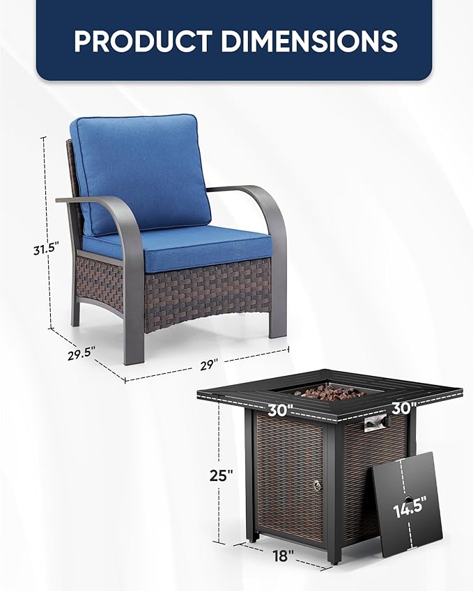 HUMMUH Patio Furniture Set with Fire Pit Table-Patio Chairs Set of 4 Outdoor Wicker Chairs for Deck Porch Garden Poolside Backyard-Brown/Blue
