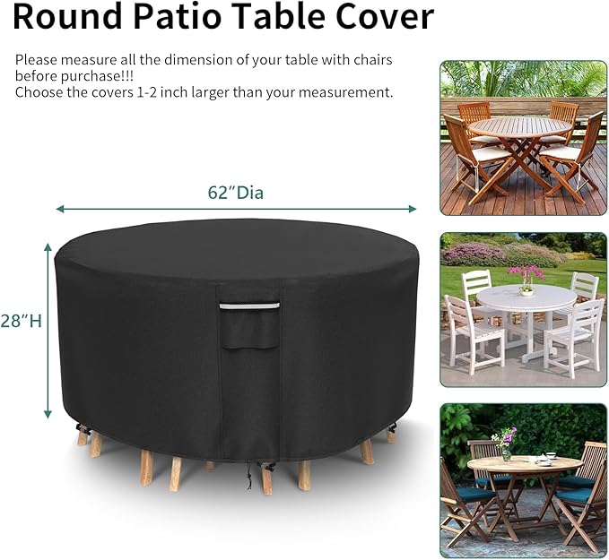 Round Patio Furniture Covers, 500D Heavy Duty Waterproof UV Resistant Cover for Round Outdoor Dining Table & Chairs,62" Dia x 28" H -Black