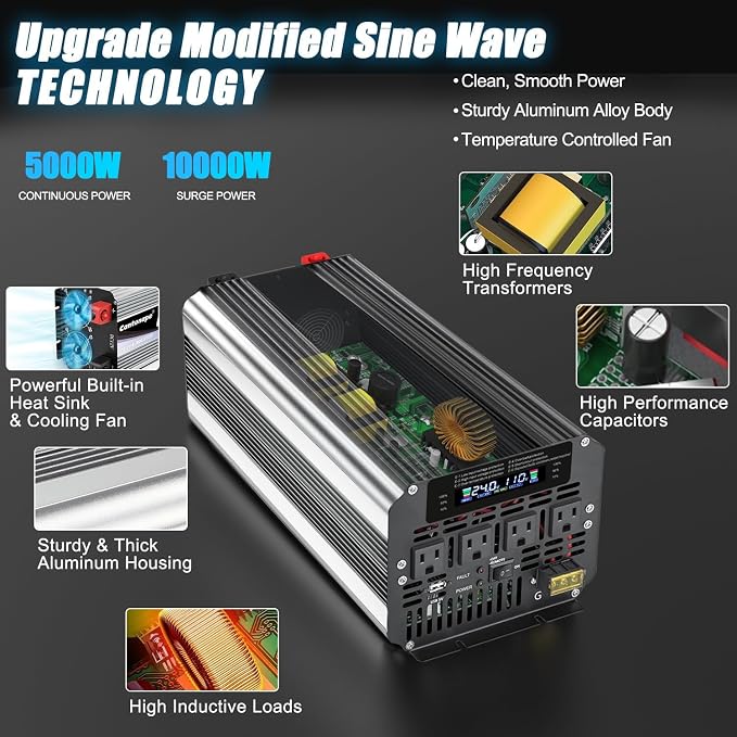 Cantonape 5000W Power Inverter 24V to 110V/120V DC to AC with LCD Display, Remote Controller and 4 x AC Outlets Car Adapter for Car Truck Boat RV Off Grid Solar System