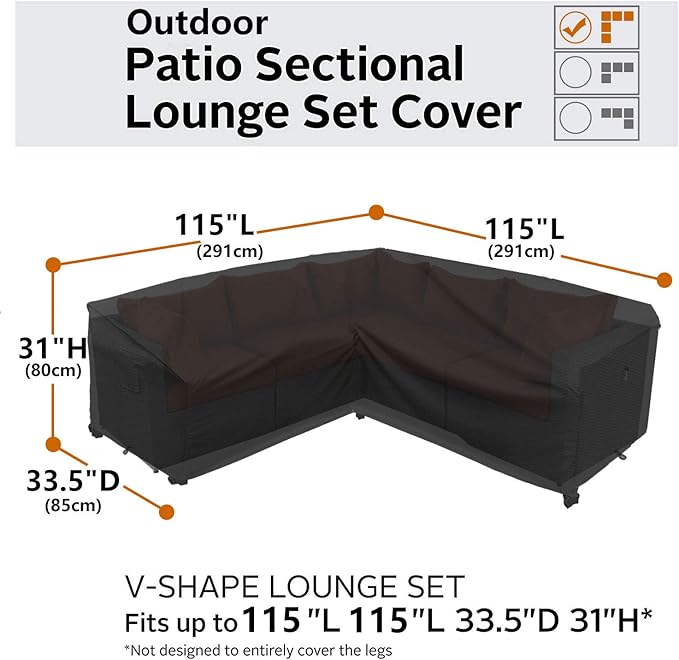 Heavy Duty Outdoor Sectional Sofa Cover, 115"X115" Waterproof 600D Patio Sectional Couch Protector, Lawn Patio Furniture Covers(Midnight Black, V-Shaped-115 x115)
