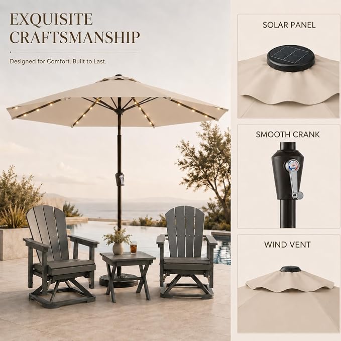 11FT Solar Lighted Patio Umbrella, Outdoor Table Market Umbrellas with Crank Lift, 32 LED Lights, 8 Sturdy Ribs, UV-Resistant for Deck, Garden, Pool