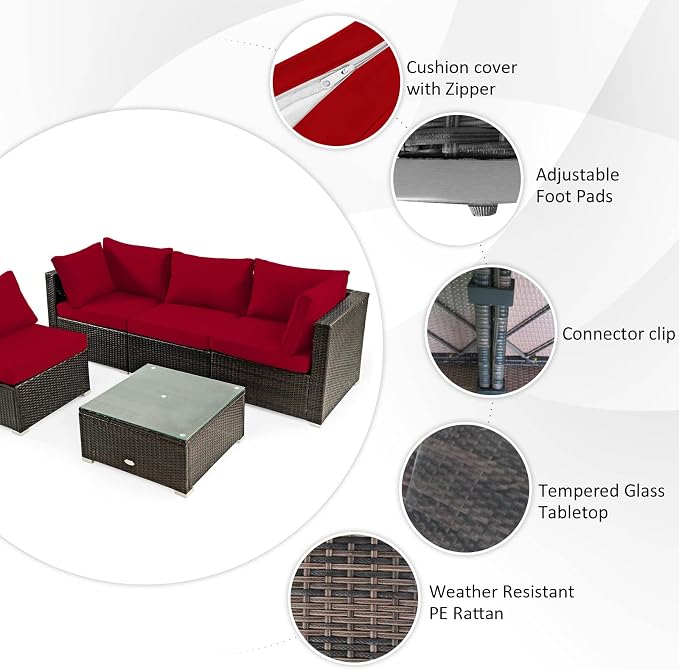 Tangkula 6-Piece Patio Furniture Set with 42 Inches Propane Fire Pit Table, Outdoor Wicker Conversation Set with Cushions and Tempered Glass Coffee Table, 50,000 BTU Gas Fire Pit Table (Red)