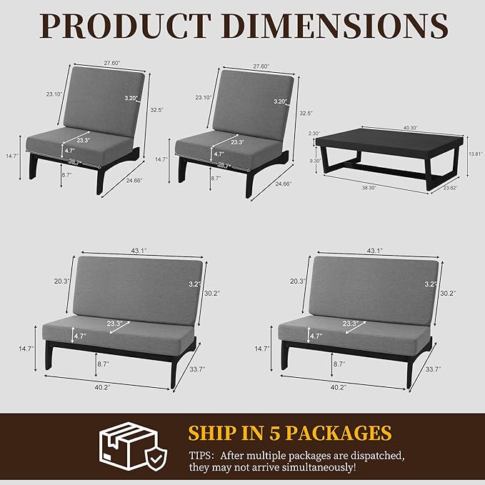 UIXE 5 Pieces Black Wood Patio Furniture Sets, 2 Patio Loveseat, 2 Patio Bistro Chair, All Weather Outdoor Sectional Sofa Furniture Backyard Conversation Set with Coffee Table - Gray