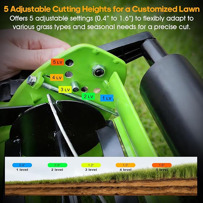 14-Inch 4-Blade Push Reel Lawn Mower, Manual Reel Push Mower, Walk-Behind Lawn Mowers, 5-Position Cutting Height Adjustment for Garden, Yard and Field, Suitable for 1-3 Inches of Grass