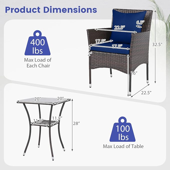 DORTALA Wicker Patio Furniture Set 3 Piece, Small Outdoor Table & Chairs with Tempered Glass Tabletop, Cushions, Rattan Conversation Bistro Set for Balcony, Porch, Backyard, Deck, Mix Brown+Navy