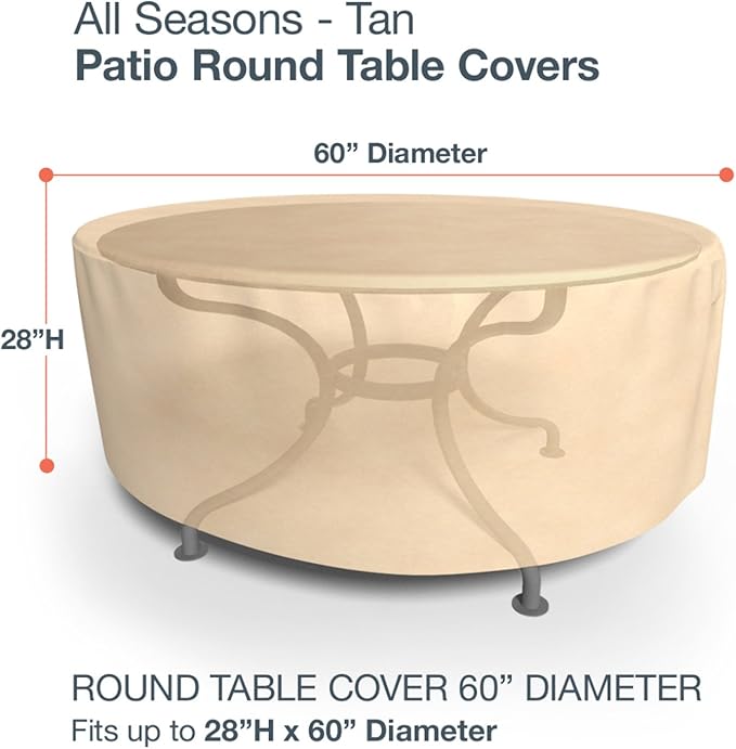 Budge P5A23SF1 All Seasons Round Patio Table Cover Lightweight, UV-Resistant, Large, Tan