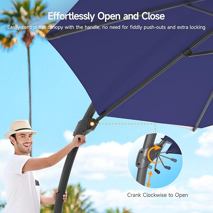11 FT Outdoor Patio Umbrella with Base, Aluminium Curved Cantilever Umbrella, Large Round Hanging Offset Umbrella with Unlimited Position Adjustment and 360°Rotation for Market Garden Pool, Blue