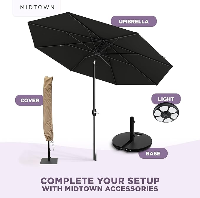 Midtown Umbrellas - The Lean 10 Ft Patio Umbrella with Fade-Resistant Sunbrella Fabric, Auto-Tilt Aluminum Frame and 8 Reinforced Ribs for Deck, Pool & Garden - Black Canopy, Black Pole