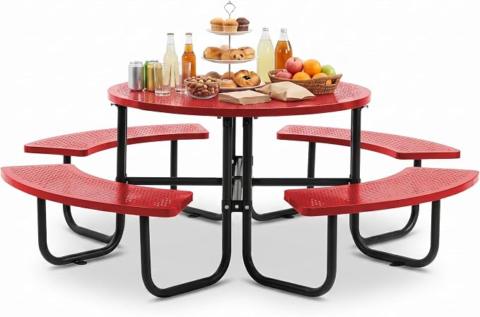 46" Round Metal Picnic Table with Umbrella Hole, Heavy Duty Portable Outdoor Dining Set, All-Weather Steel BBQ Party Table for Patio Garden Backyard, Red (Red-Round)