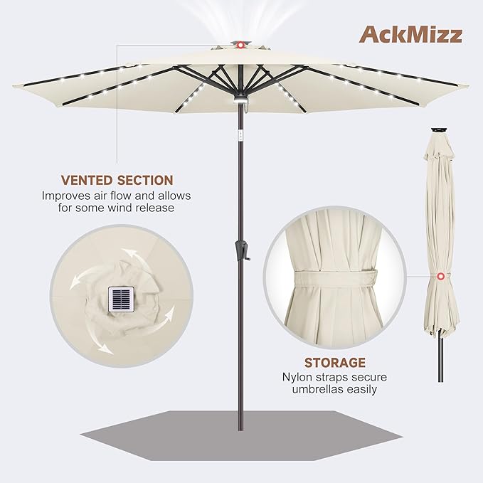 11ft Solar Umbrella Outdoor - Lighted Solar Patio Umbrella with 40 LED Lights Waterproof UV Protection, Table Umbrella with Tilt for Pool, Porch, Garden, Deck, Backyard - Ivory